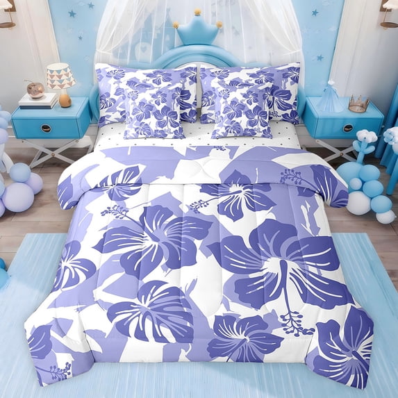 Feelyou Summer Palm Leaf Bedding Comforter Set 7 Pieces for Teens, Slate Blue Flower Floral Print Full Bedding Set, Plant Brotanical Reversible Fitted Sheet Flat Sheet, Microfiber Bedroom Decor