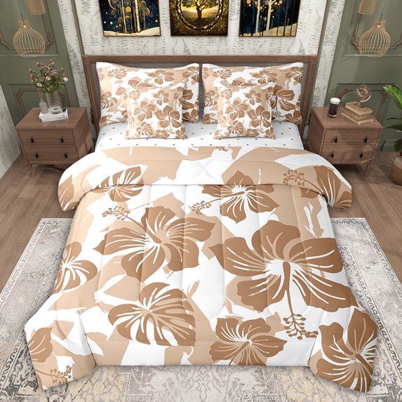 Feelyou Summer Palm Leaf Bedding Comforter Set 7pcs for Teens, Brown Flower Floral Print Queen Bedding Sets, Plant Brotanical Reversible Queen Sheet Sets, Super Cozy Room Decor