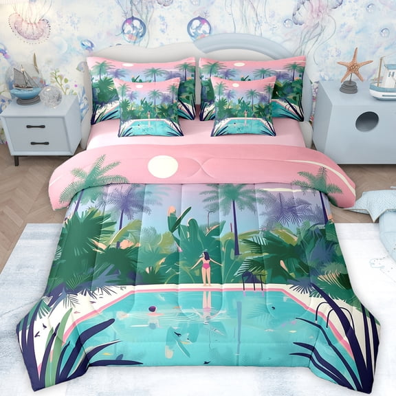 Feelyou Summer Swimming Pool Bedding Comforter Set 7pcs, Tropical Plam Plant King Bedding Sets, Hawaii Beach Party Reversible Bed Sheets, Lightweight Room Decor