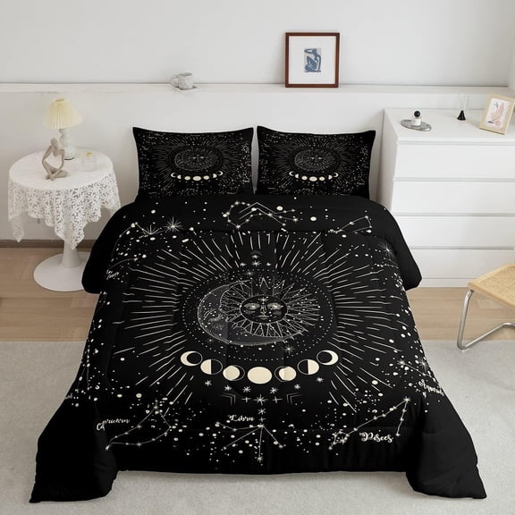 Feelyou Sun Moon Kids Comforter Set Stars Space Psychedelic Comforter Boys Teens Black and White Size Galaxy Bedding Set Botanical Branches tellations r Quilt Set with 2 Pillowcases