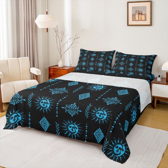 Feelyou Sun Moon Teens Full Size Sheets, Damask Aztec Triangle Bed Sheets, 4-Piece