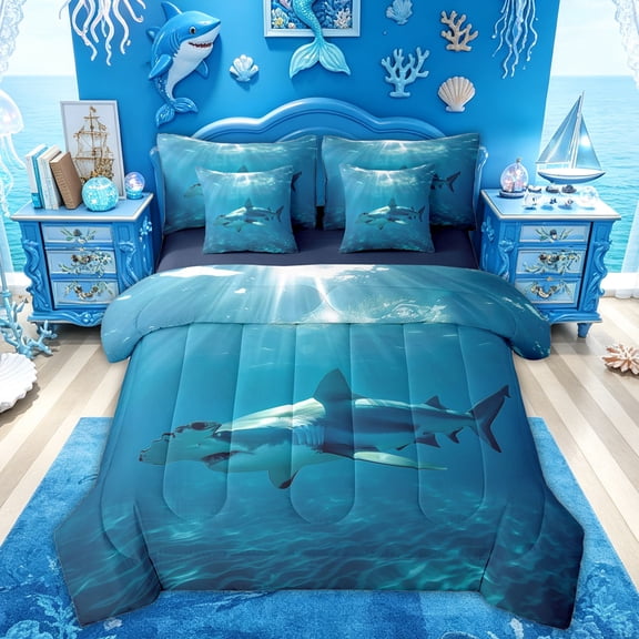Feelyou Sunlit Shark Twin Bedding Sets for Men Boys, Kawaii Sea Animal Bedding Comforter Set, Turquoise Blue, Blue Reversible, 7-Piece