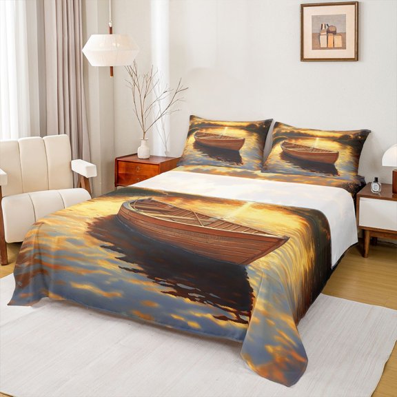 Feelyou Sunrise Glow River Wooden Boat Scenery Full Size Sheets for Men Adults, Lake Outdoor Nature Bed Sheets, 4pcs