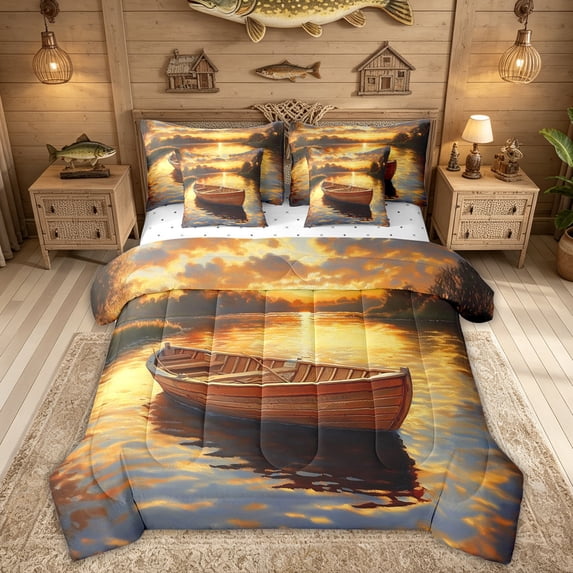 Feelyou Sunrise Glow River Wooden Boat Scenery Twin Bedding Sets for Men Adults, Lake Outdoor Nature Bedding Comforter Set, Reversible, 7pcs