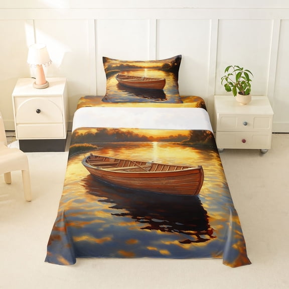 Feelyou Sunrise Glow River Wooden Boat Scenery Twin Sheet Sets for Men Adults, Lake Outdoor Nature Bedding, 3pcs