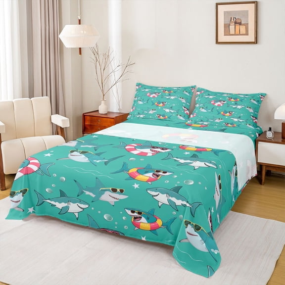 Feelyou Surf Coastal Shark Bed Sheets for Kids Boys Girls, Beach Holiday Animal King Sheets, Teal , 4pcs