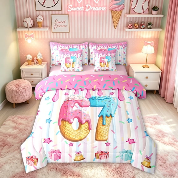 Feelyou Sweet Birthday 67 Donut Twin Bedding for Kids, Pink Blue Ice Cream Drip Bedding Comforter Set, Pink Reversible, 7 Pieces