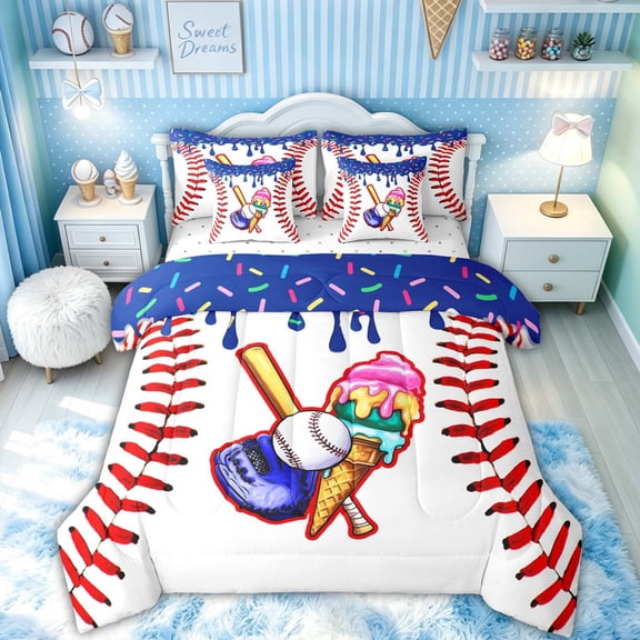 Feelyou Sweet Candy Baseball Full Size Bedding Sets for Girls, Ice Cream Bat Drip Full Size Bed in a Bag, Reversible, 7 Pieces