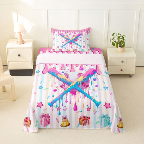 Feelyou Sweet Drip Crossed Bat Twin Sheets for Girls, Sport Dessert Baseball Ice Cream Bedding, 3-Piece, 1 Flat Sheet, 1 Fitted Sheet and 1 Pillowcase