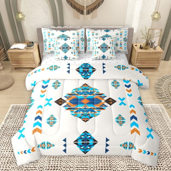 Feelyou Teal Aztec Abstract Bedding Comforter Set 7pcs, Bohemian Mandala King Bedding Sets