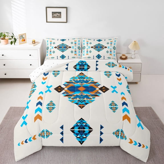 Feelyou Teal Aztec Abstract Queen Comforter Set, Boho Mandala Bedding Comforter Set, 3pcs