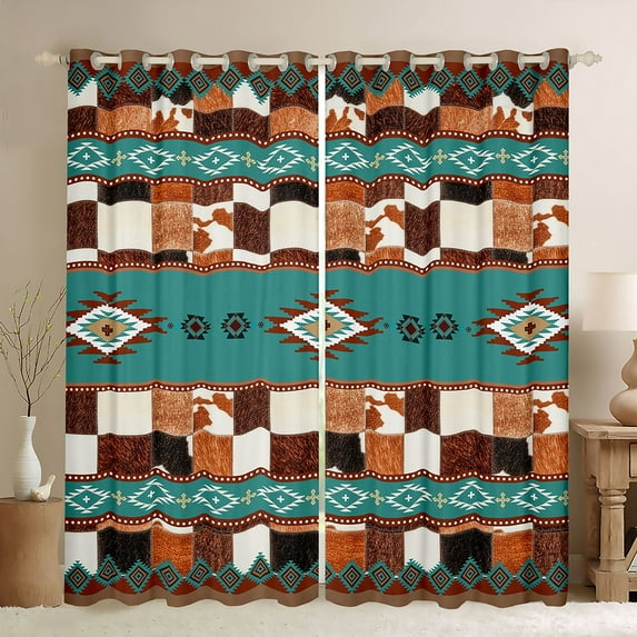 Feelyou Teal Aztec Black Out Curtains, Brown Cow Print Curtains Pack of 2 (42x63 Each)