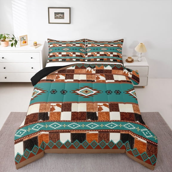 Feelyou Teal Aztec Twin Comforter Sets, Brown Cow Print Patchwork Bedding Set, 2-Piece