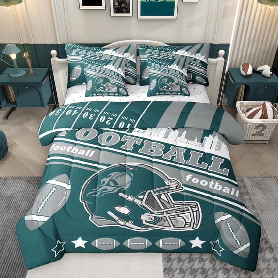 Feelyou Teal Football Helmet Bedding Comforter Set 7 Pieces for Boy, Grey Rugby Soccer Full Bedding Set, Cartoon Stars Print Reversible Fitted Sheet Flat Sheet, Lightweight Room Decor