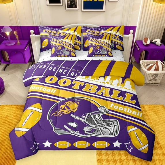 Feelyou Teal Football Helmet Bedding Comforter Set 7pcs for Boy, Purple Gold Rugby Soccer Queen Bedding Sets, Cartoon Stars Print Reversible Queen Sheet Sets, Ultra Soft Bedroom Decor