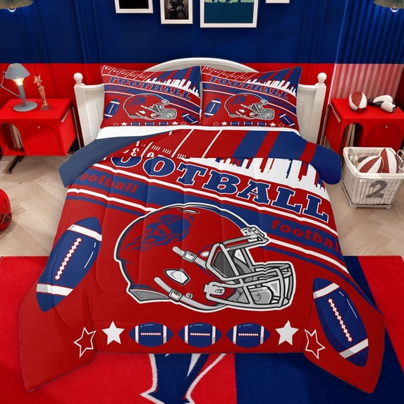Feelyou Teal Football Helmet Bedding Comforter Set for Boy, Red Blue Rugby Soccer Twin Comforter Sets, Cartoon Stars Print Reversible Bedding Set, Luxury Bedroom Decor, 2 Pieces