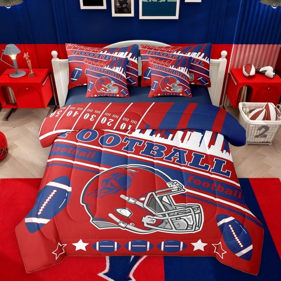Feelyou Teal Football Helmet Twin Bedding Sets 7-Piece for Boy, Red Blue Rugby Soccer Bedding Comforter Set, Cartoon Stars Print Reversible Sheet Sets, Luxury Bedroom Decor
