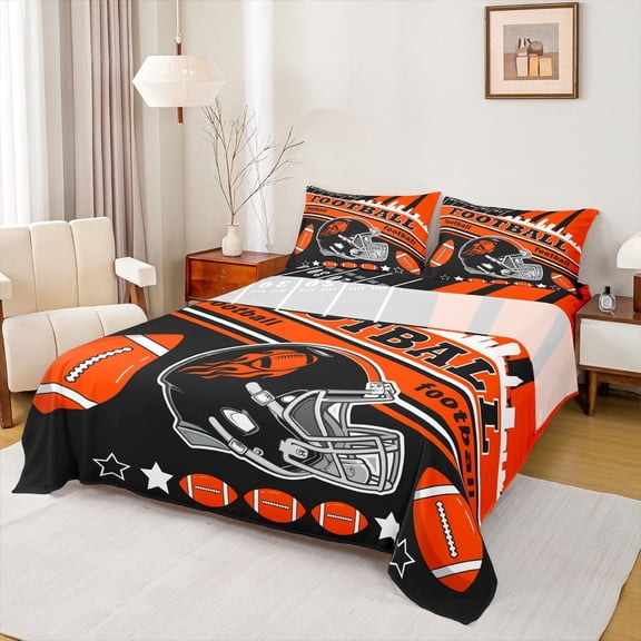 Feelyou Teal Football Helmet Twin Sheet Sets for Boy, Black Orange Rugby Soccer Twin Fitted Sheet, Cartoon Stars Print Flat Sheet, Microfiber Bedroom Decor, 3pcs
