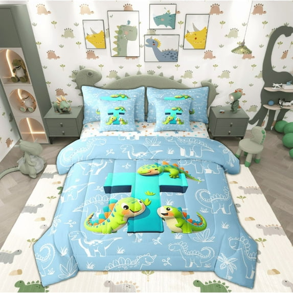 Feelyou Teen 3D Dinosaur Bedding Comforter Set 7pcs, Blue Monogrammed T Queen Bedding Sets, Initial A to Z Letter Reversible Queen Sheet Sets, Microfiber Bedroom Decor