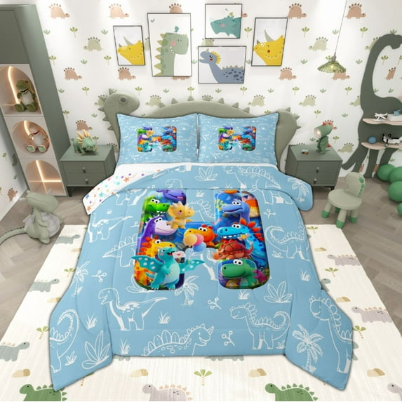 Feelyou Teen 3D Dinosaur Queen Comforter Set, Blue Monogrammed H Bedding Sets, Initial A to Z Letter Reversible Bedding Comforter Set, Microfiber Bedroom Decor, 3-Piece
