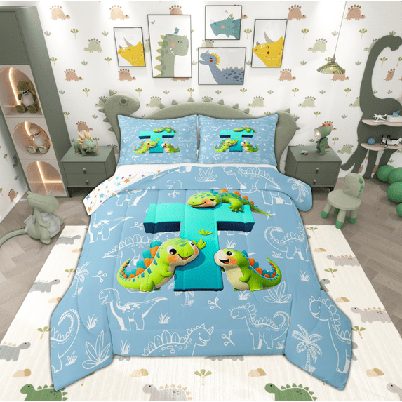 Feelyou Teen 3D Dinosaur Queen Comforter Set, Blue Monogrammed T Bedding Sets, Initial A to Z Letter Reversible Bedding Comforter Set, Microfiber Bedroom Decor, 3-Piece