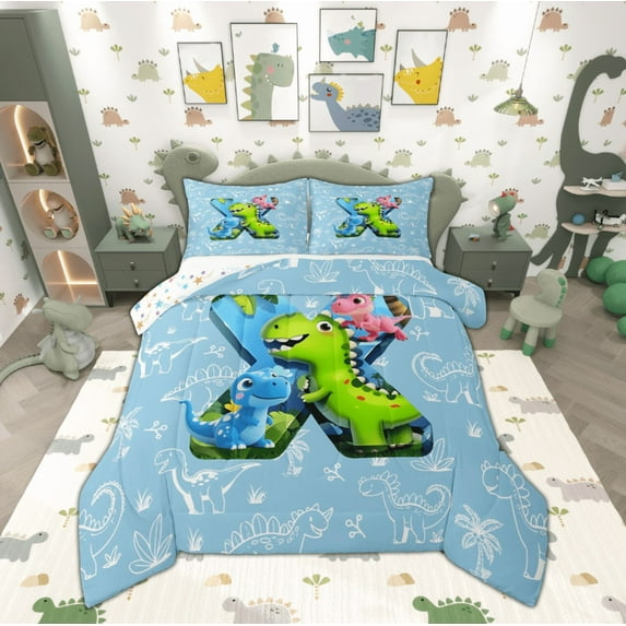 Feelyou Teen 3D Dinosaur Queen Comforter Set, Blue Monogrammed X Bedding Sets, Initial A to Z Letter Reversible Bedding Comforter Set, Ultra Soft Home Decor, 3-Piece