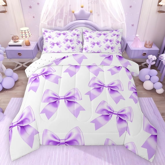 Feelyou Teen Cartoon Bow-tie Twin Comforter Sets, Purple Bow Tie Knot Bedding Set, 2pcs