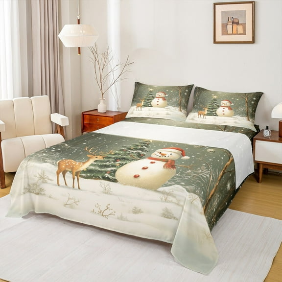 Feelyou Teen Christmas Reindeer Twin Sheet Sets, Snowman Xmas Tree Twin Fitted Sheet, Vintgae Fairy Tale Flat Sheet, Breathable Home Decor, 3 Pieces