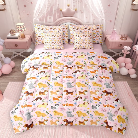 Feelyou Teen Dog Animal Bedding Comforter Set 7pcs, Cartoon Dachshund Queen Bedding Sets