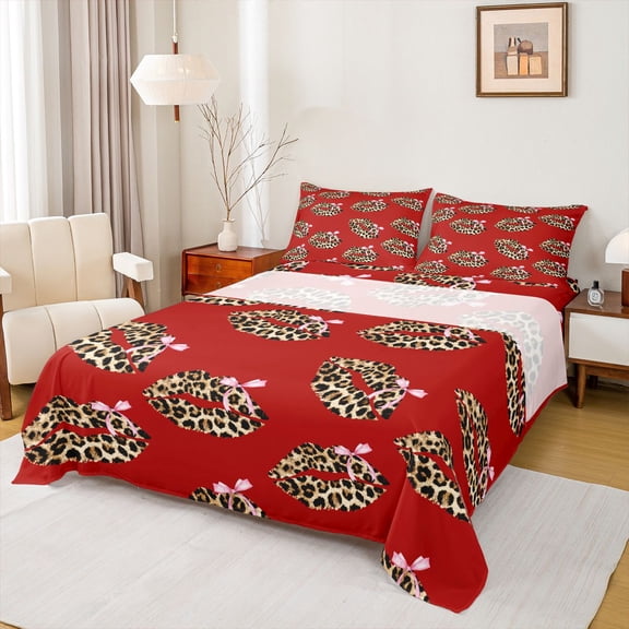Feelyou Teen Fashion Lips Queen Sheet Sets, Leopard Print Red Bed Set, 4pcs