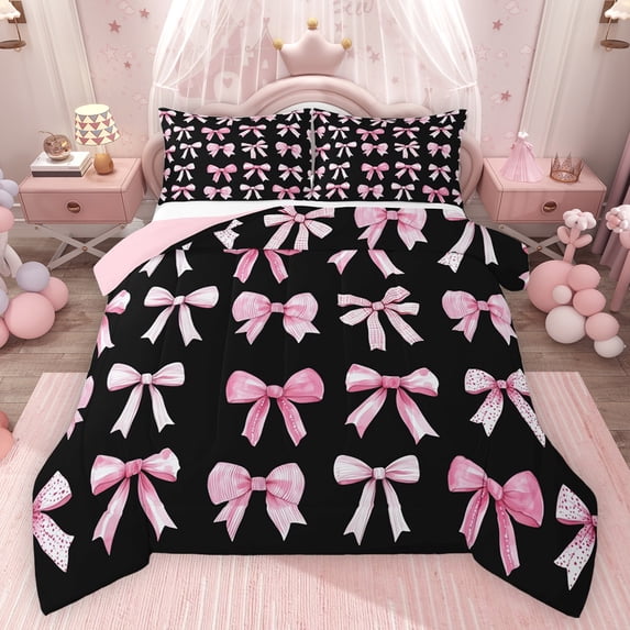 Feelyou Teen Fashion Ribbon Twin Comforter Sets, Black Pink Bowknot Bedding Set, 2 Pieces