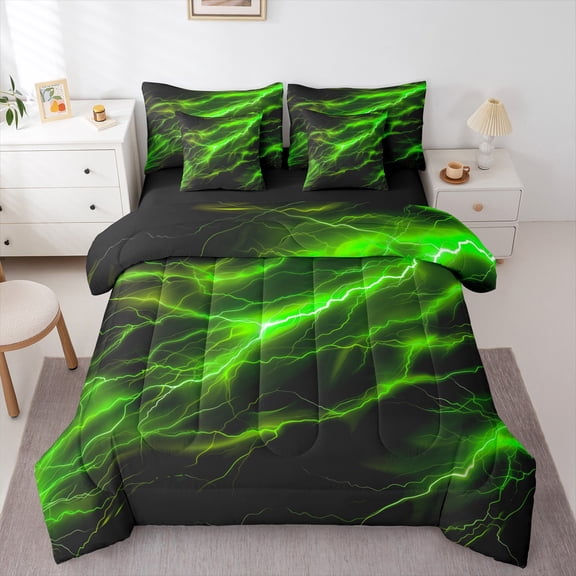 Feelyou Teen Futuristic Lightning Bedding Comforter Set 7-Piece, Neon Green Stripes King Bedding Sets, Natural Weather Storm Reversible Bed Sheets, Breathable Home Decor