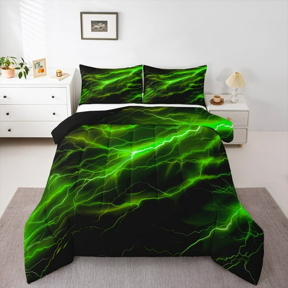 Feelyou Teen Futuristic Lightning Bedding Comforter Set, Neon Green Stripes Twin Comforter Sets, Natural Weather Storm Reversible Bedding Set, Breathable Home Decor, 2-Piece