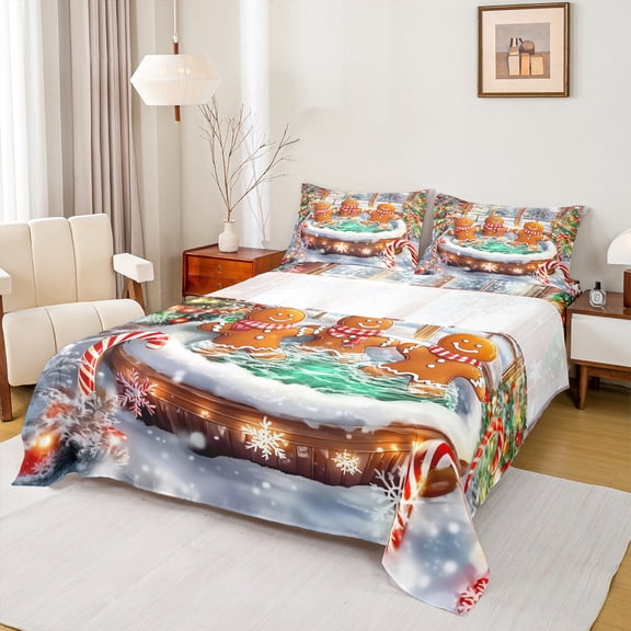 Feelyou Teen Gingerbread Man Full Size Sheets, Cartoon Winter Christmas Bed Sheets, Glitter Snowflake Sheet Sets, Microfiber Bedroom Decor, 4 Pieces