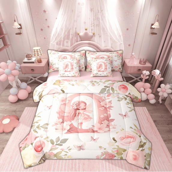 Feelyou Teen Kawaii Fairy Twin Bedding Sets 7-Piece, Initial O Letter Bedding Comforter Set, Princess Reversible Comforter, Breathable Home Decor