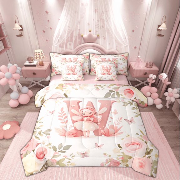 Feelyou Teen Kawaii Fairy Twin Bedding Sets 7-Piece, Initial W Letter Bedding Comforter Set, Princess Reversible Comforter, Luxury Bedroom Decor