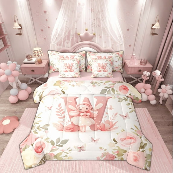 Feelyou Teen Kawaii Fairy Twin Bedding Sets 7-Piece, Initial W Letter Bedding Comforter Set, Princess Reversible Comforter, Luxury Bedroom Decor