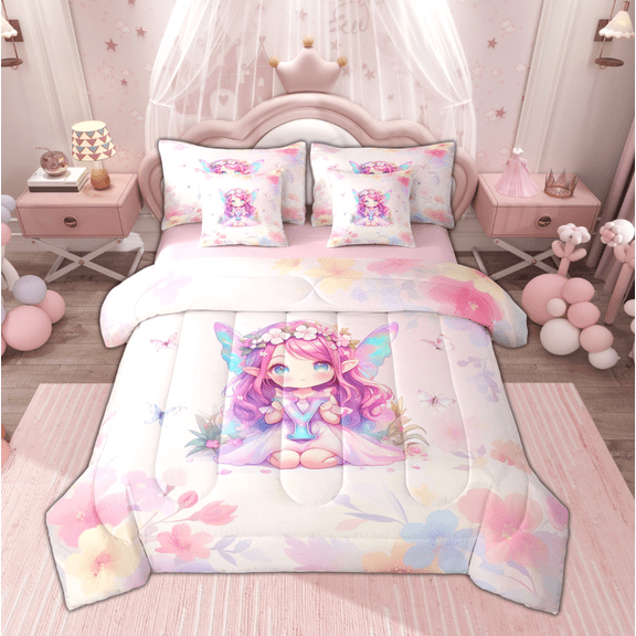 Feelyou Teen Kawaii Fairy Twin Bedding Sets 7-Piece, Initial Y Letter Bedding Comforter Set, Fairy Tale Princess Reversible Sheet Sets, Luxury Bedroom Decor