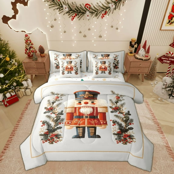 Feelyou Teen Kawaii Nutcracker Twin Bedding Sets 7-Piece, Christmas Festival Bedding Comforter Set, Cartoon Royal Guarder Reversible Sheet Sets, Lightweight Room Decor
