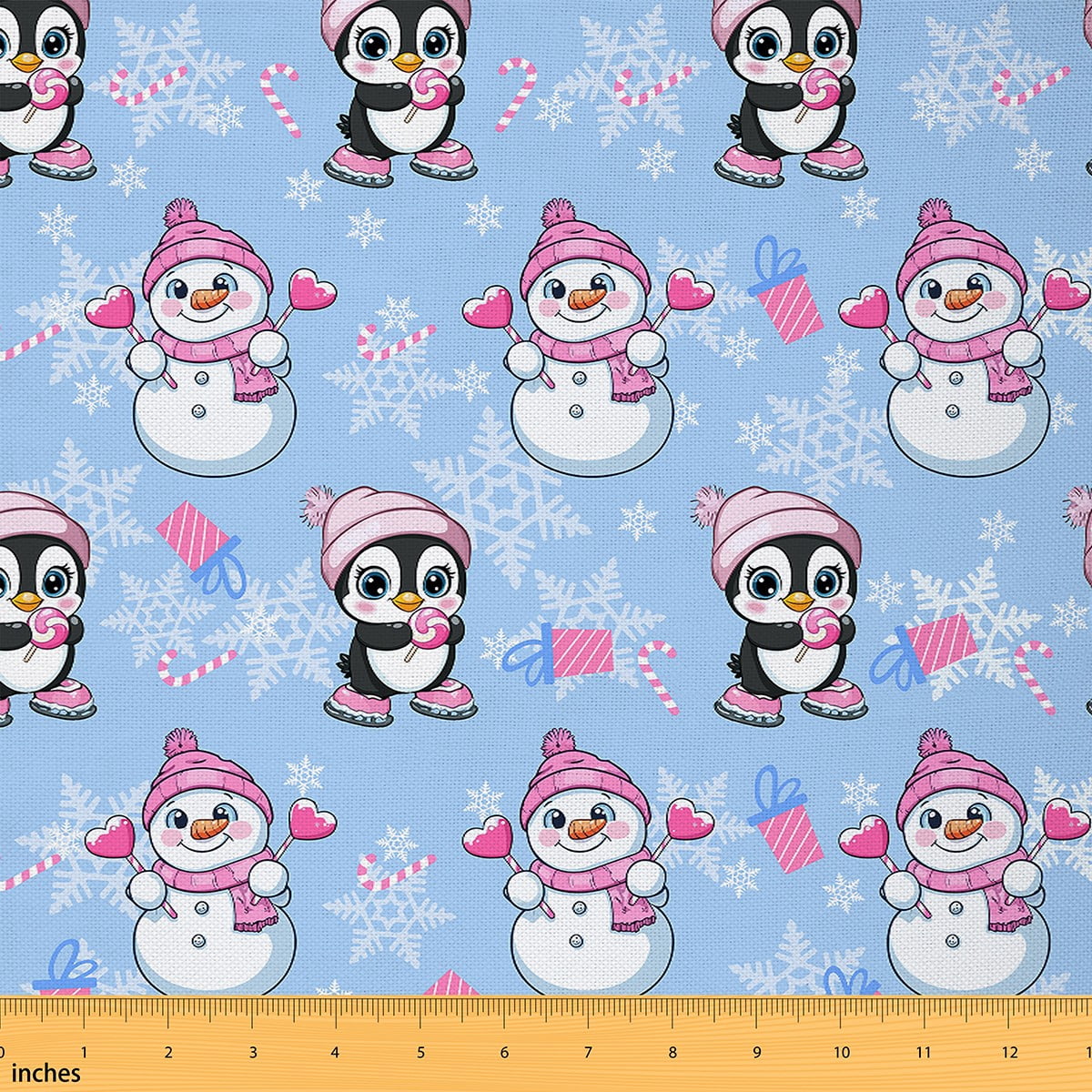 Feelyou Teen Kawaii Penguin Fabric by the Yard 5 Yards, Dreamy Fairy Tale Room Decor Fabric by the Yard, Christmas Snowman Snowflake Fabric for Sewing, Breathable Home Decor