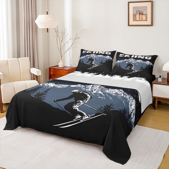 Feelyou Teen Modern Skiing Full Size Sheets, Rustic Sports Theme Bed Sheets, 4-Piece