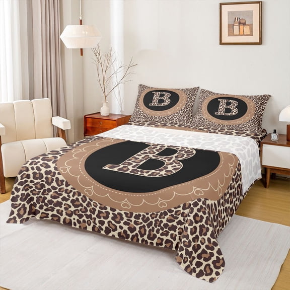 Feelyou Teen Monogrammed B Queen Sheet Sets, Modern Leopard Print Bed Set, 4-Piece