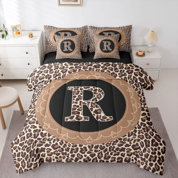 Feelyou Teen Monogrammed R Twin Bedding Sets 7-Piece, Leopard Print Bedding Comforter Set
