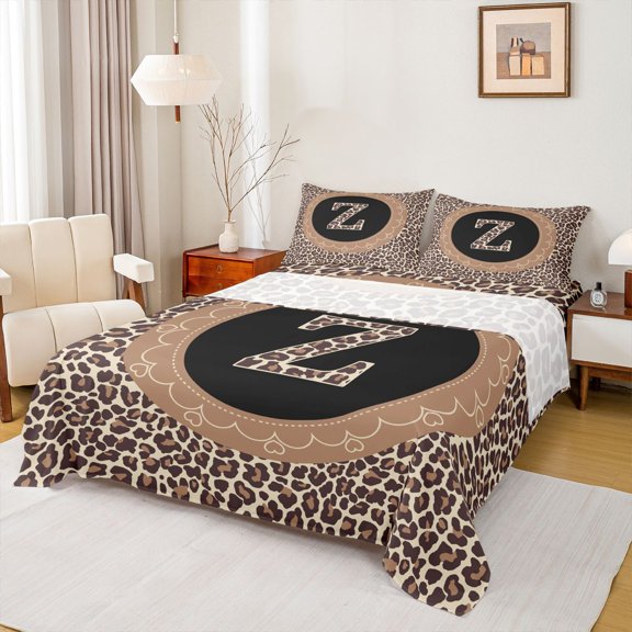 Feelyou Teen Monogrammed Z Queen Sheet Sets, Modern Leopard Print Bed Set, 4-Piece