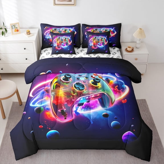 Feelyou Teen Neon Gamepad Bedding Comforter Set 7pcs, Mystic Outer Space Queen Bedding Sets, 3D Planet Reversible Queen Sheet Sets, Luxury Bedroom Decor