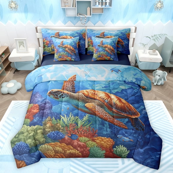 Feelyou Teen Sea Turtle Bedding Comforter Set 7pcs, Cartoon Sealife King Bedding Sets, Dreamy Underwater World Reversible Bed Sheets, Luxury Bedroom Decor
