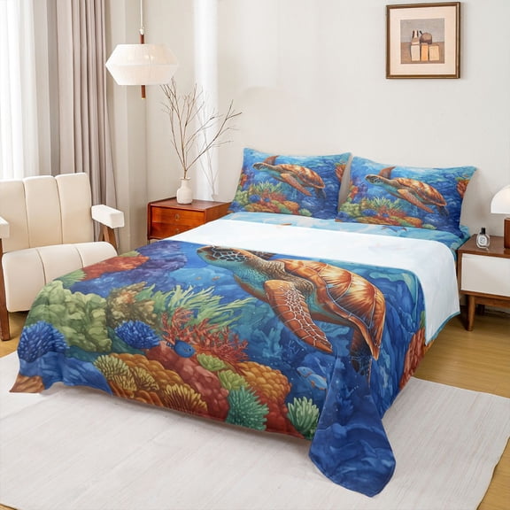 Feelyou Teen Sea Turtle Twin Sheet Sets, Cartoon Sealife Twin Fitted Sheet, Dreamy Underwater World Flat Sheet, Luxury Bedroom Decor, 3pcs