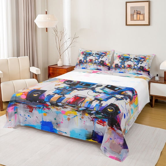 Feelyou Teen Splash Robot Bed Sheets, Modern Art Graffiti King Sheets, 4 Pieces
