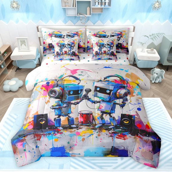Feelyou Teen Splash Robot Bedding Comforter Set 7pcs, Art Graffiti Queen Bedding Sets