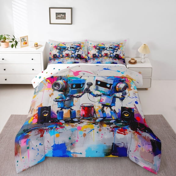 Feelyou Teen Splash Robot Queen Comforter Set, Art Graffiti Bedding Comforter Set, 3pcs